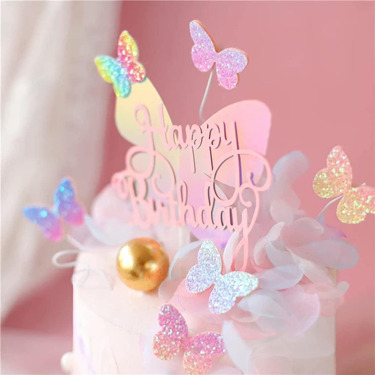 Newmemo 12pcs Gradient Sequins Butterfly Cake Toppers, Rose Gold Confetti Balloon Cake Supplies, Glitter Cupcake Picks, Decorations for Birthday Wedding Fairy Party