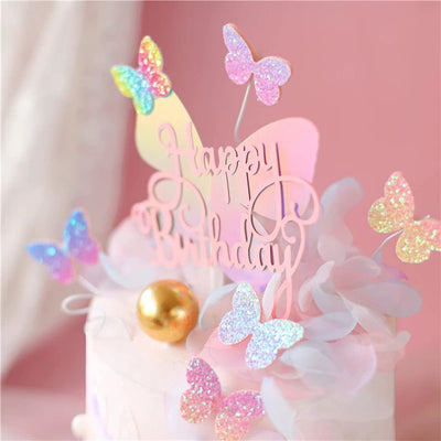Newmemo 12pcs Gradient Sequins Butterfly Cake Toppers, Rose Gold Confetti Balloon Cake Supplies, Glitter Cupcake Picks, Decorations for Birthday Wedding Fairy Party