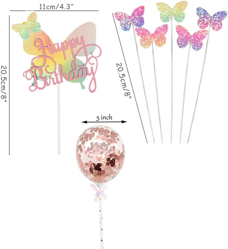 Newmemo 12pcs Gradient Sequins Butterfly Cake Toppers, Rose Gold Confetti Balloon Cake Supplies, Glitter Cupcake Picks, Decorations for Birthday Wedding Fairy Party