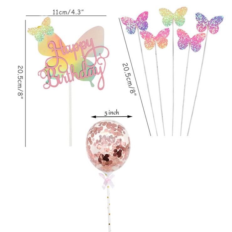 Newmemo 12pcs Gradient Sequins Butterfly Cake Toppers, Rose Gold Confetti Balloon Cake Supplies, Glitter Cupcake Picks, Decorations for Birthday Wedding Fairy Party