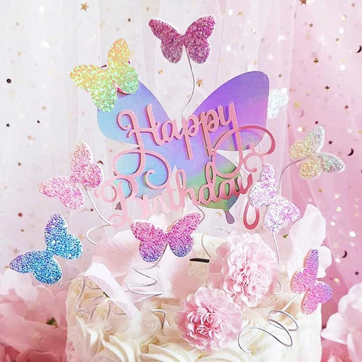 Newmemo 12pcs Gradient Sequins Butterfly Cake Toppers, Rose Gold Confetti Balloon Cake Supplies, Glitter Cupcake Picks, Decorations for Birthday Wedding Fairy Party