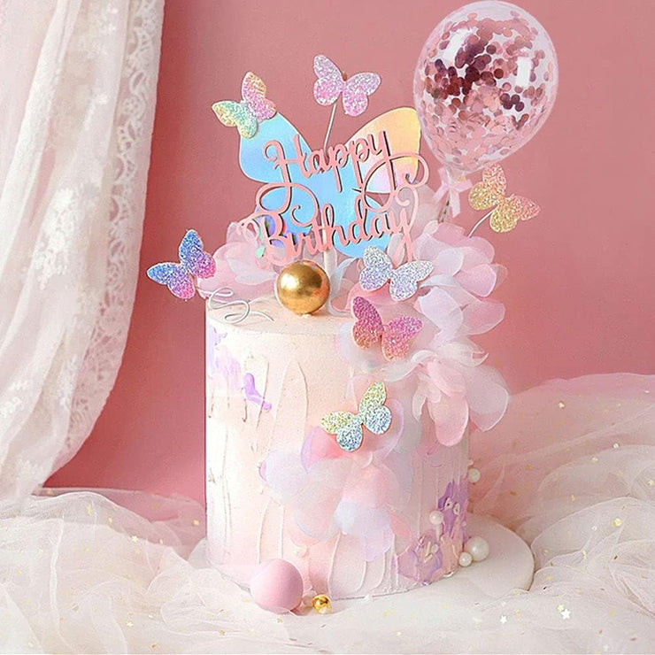 Newmemo 12pcs Gradient Sequins Butterfly Cake Toppers, Rose Gold Confetti Balloon Cake Supplies, Glitter Cupcake Picks, Decorations for Birthday Wedding Fairy Party