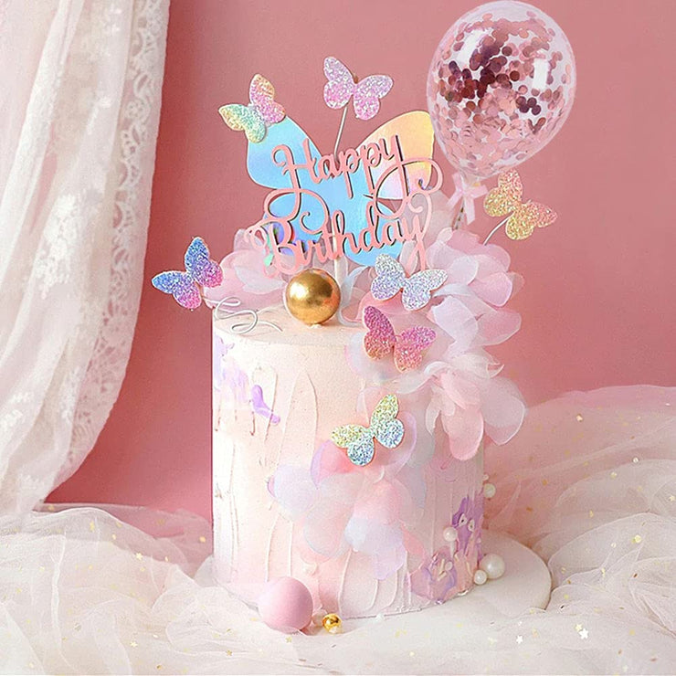 Newmemo 12pcs Gradient Sequins Butterfly Cake Toppers, Rose Gold Confetti Balloon Cake Supplies, Glitter Cupcake Picks, Decorations for Birthday Wedding Fairy Party