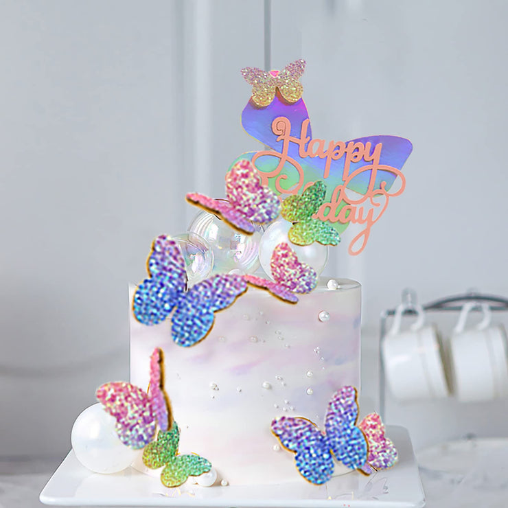 Newmemo 12pcs Gradient Sequins Butterfly Cake Toppers, Rose Gold Confetti Balloon Cake Supplies, Glitter Cupcake Picks, Decorations for Birthday Wedding Fairy Party