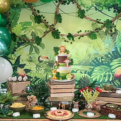 Jungle Safari Animal Cake Topper with Colourful Balls Plam Leaves Cake Decoration for Girls Boys Wild Theme Birthday Party Baby Shower Supplies (STYLE 3)